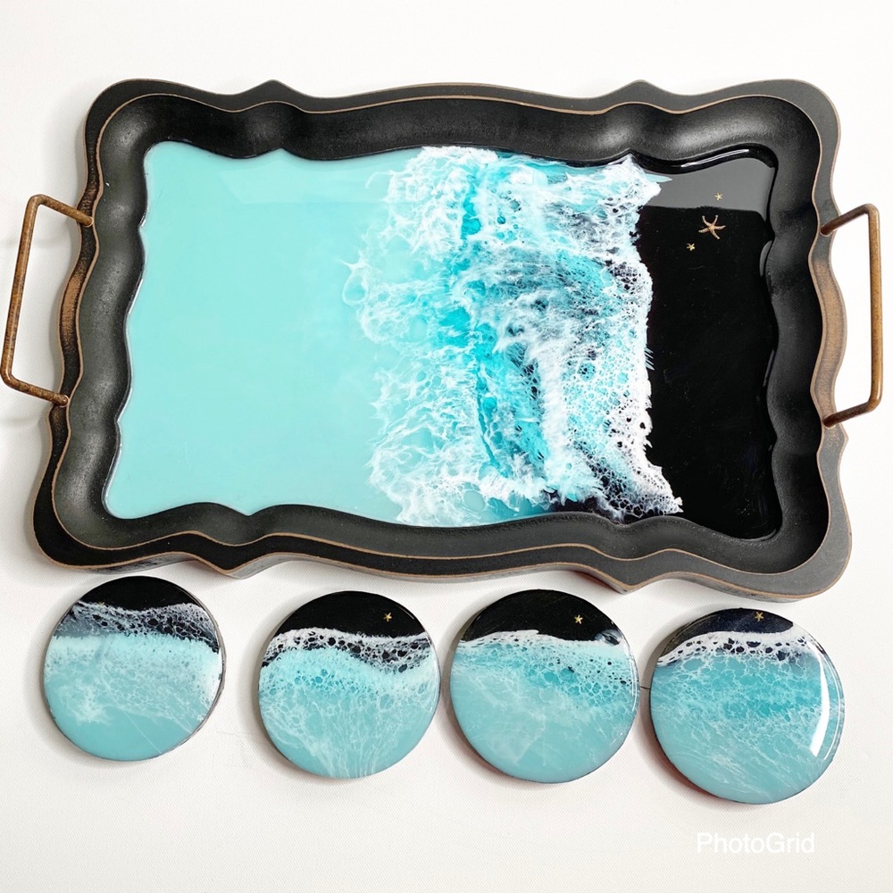 Resin Beach Art Serving Tray Coaster Set Ocean Art